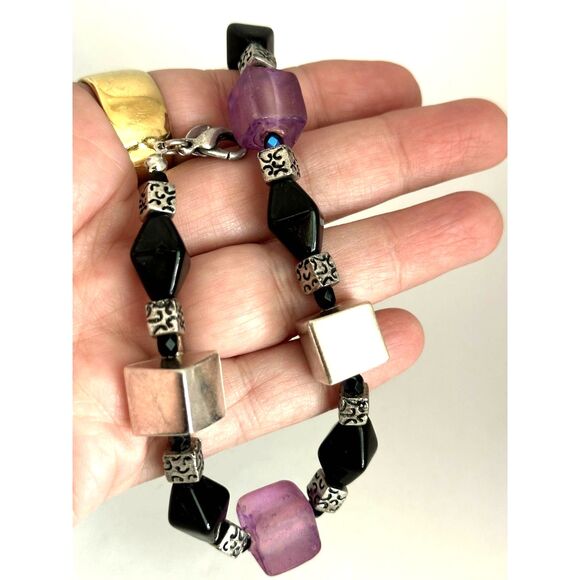 Chico's beaded necklace Black Silver Purple Modernist Cube - Picture 4 of 5
